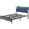 HOMCOM Queen Size Bed Frame with Storage Upholstered Headboard, Queen Bed Frame with LED Lights, Charging Station, Cement Gray