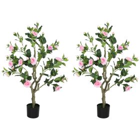Set of 2 Decorative Artificial Plants, Camellia Flowers in Pots, Fakes Plant for Home Indoor Decor, 39 inch, Pink