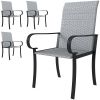Set of 4 Outdoor Wicker Dining Chairs with Armrest, Steel Frame, High Back and Deep Seating, Gray