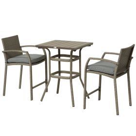 Outsunny 3PC Rattan Wicker Bar Set Patio Wood Grain Table Top 2 Stools Grey