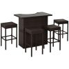 Outsunny 5-Piece Rattan Wicker Bar Set with Glass Top Table, 2 Tier Storage Shelf, and 4 Bar Stools for Outdoor, Patio, Garden, Brown