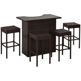 Outsunny 5-Piece Rattan Wicker Bar Set with Glass Top Table, 2 Tier Storage Shelf, and 4 Bar Stools for Outdoor, Patio, Garden, Brown