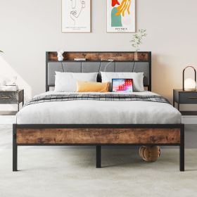 Full Size Bed Frame, Storage Headboard with Charging Station, Solid and Stable, Noise Free, No Box Spring Needed, Easy Assembly,Vintage Brown and