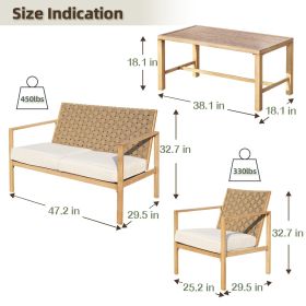 4 Pieces Metal Patio Furniture Set, Hand-Made Drawstring Outdoor Patio Conversation Sets Outside loveseat with Soft Cushion for Garden, Backyard