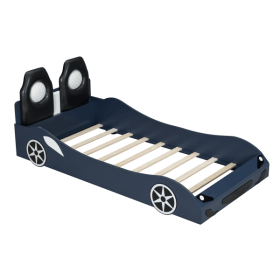 Wood Twin Size Race Car-Shaped Platform Bed with LED and Upholstered Backrest, Blue