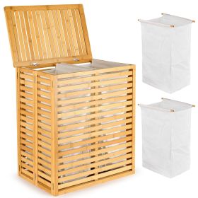 Bamboo Laundry Hamper with Lid Foldable Clothes Basket with 2 Removable Liner Bags Space Saving Laundry Sorter for Bathroom Bedroom and Laundry Room C