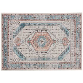 HOMCOM 4x6 Area Rug, Vintage Machine Washable Rug, Non-Slip Floor Carpet for Living Room, Bedroom, Dining Room, Brown and Blue
