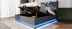 Queen size Upholstered bed, 360 surround LED function, Buttons/Apps/Remote Control, hydraulic storage bed with USB Type-C charging, Gray