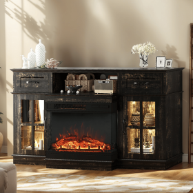 58-inch Black Gold Oak Electric Fireplace TV Stand - 2 Doors, 2 Drawers & Display Shelf with Lattice Glass, Compatible with 24" 3-Sided Glass Insert
