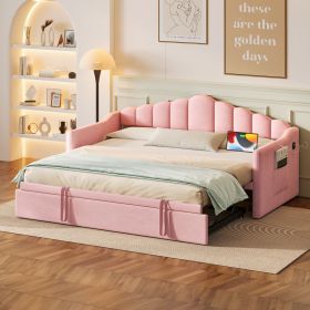 Upholstered Twin Size Daybed with Adjustable Height Pop Up Trundle Twin Bed and USB & Type-C Charging Port, Day Bed Frame with 2 Side Pockets
