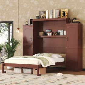 Queen Size Murphy Bed, Wooden Queen Wall Bed with 2 Wardrobe and Storage Shelf, Multifunctional Foldable Platform Bedframe for Guest-Room, Bedroom