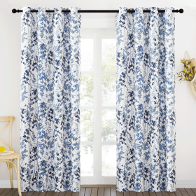 Blackout Floral Curtains for Living Room, Watercolor Foliage Light Blocking Curtains Thermal Insulated Energy Efficient Grommet Drapes, Blue, 52"x84"
