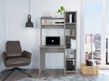 Light Grey 6-Shelf Writing Desk with Built-in Bookcase