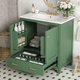 30 Inch Green Bathroom Vanity with Single Sink, Combination Under Counter Sink, Bathroom Storage Cabinet with 2 Doors and a Drawer, Soft Closure