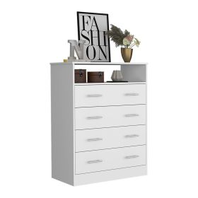 Four Drawer Dresser, Superior Top, One Open Shelf, White