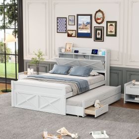 Full Size Wooden Bed with Storage Headboard with Outlets, Extendable Bed with Twin Size Trundle with Three Storage Drawers,White