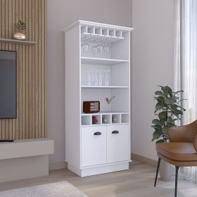 70"H Bar Cabinet with Wine Rack, Upper Glass Cabinet, three Open Storage Shelves and One Cabinet, White