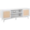 Rattan TV Stand for 75in TV, Boho TV Stand with Rattan Door, Entertainment Center with Build-in Socket, Storage Cabinet with 2 Shelves