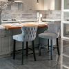 Furniture, Contemporary Velvet Upholstered Wing-Back Barstools with Button Tufted Decoration and Wooden Legs, and Chrome Nailhead Trim