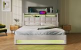 Queen size Upholstered Platform bed with a Hydraulic Storage System, LED and USB Charging, Natural (without mattress)