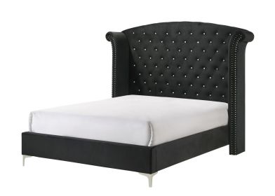 1pc Glam Upholstered King Bed Button-Tufting Wing Back Headboard Button Tufted Bedroom Furniture Wood Metal Fabric Black