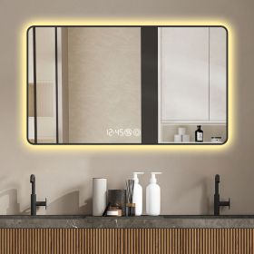 48x32 Black frame wall mirror with rounded corners vanity mirror, temperature display, tri color light, defogging, high-quality aluminum alloy frame
