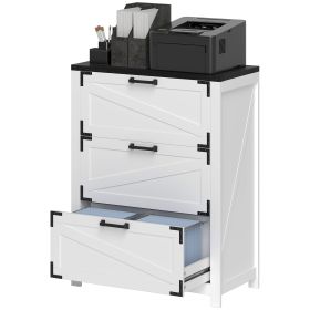 3 Drawer Filing Cabinet, Farmhouse Office Storage Cabinet with Adjustable Hanging Bars for Letter, A4, Legal Size, White