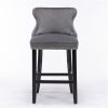 Furniture, Contemporary Velvet Upholstered Wing-Back Barstools with Button Tufted Decoration and Wooden Legs, and Chrome Nailhead Trim