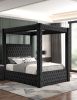 1pc Majestic Canopy Four-poster Queen Bed Tufted Headboard and Footboard Black Rich Velvet Fabric Bedroom Furniture Modern