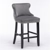 Furniture, Contemporary Velvet Upholstered Wing-Back Barstools with Button Tufted Decoration and Wooden Legs, and Chrome Nailhead Trim