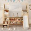 Full size Wooden Loft Bed House-shaped Frame with a Tent, Natural+Beige