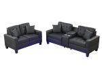 Genesis Black PVC Fabric Sofa Loveseat Living Room Set with LED Lights, USB Charger, Storage Console, Cupholders, Tufted Cushions