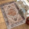 Area Rug 8x10, Machine Washable Rug, Non-Slip Boho Print Pattern Medallion Carpet for Living Room, Bedroom, Tawny Brown