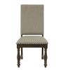 Traditional Classic Brown Dinng Chair Set of 2 Beige Fabric Upholstered Nailhead Trim Wooden Dining Room Furniture