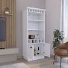 70"H Bar Cabinet with Wine Rack, Upper Glass Cabinet, three Open Storage Shelves and One Cabinet, White