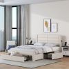 Queen Size Bed Frame with Drawer Storage, Leather Upholstered Platform Bed with Charging Station - Beige