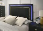 Black Color 1pc Queen Size Bed W LED Bedroom Furniture Gold Trim And Metal Bracket Legs Wooden