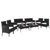 2pcs Arm Chairs 1pc Love Seat & Tempered Glass Coffee Table Rattan Sofa Set Black