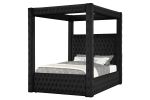 1pc Majestic Canopy Four-poster Queen Bed Tufted Headboard and Footboard Black Rich Velvet Fabric Bedroom Furniture Modern