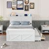 Full Size Wooden Bed with Storage Headboard with Outlets, Extendable Bed with Twin Size Trundle with Three Storage Drawers,White