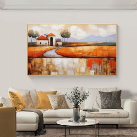 Hand Painted Oil Painting Abstract Village Oil Painting on Canvas Large Wall Art Original Minimalist Orange Landscape Art Custom Painting Boho Living (Style: 01, size: 150X220cm)