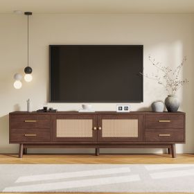 70inch Modern TV Stand with Rattan Doors for TVs up to 80", Media Console with Storage Space, 4 Drawers & Cable Holes (Color: Dark Brown)