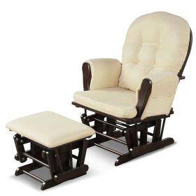 Wood Glider and Ottoman Set with Padded Armrests and Detachable Cushion (Color: Beige)