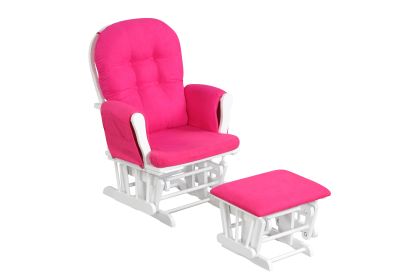 Wood Glider and Ottoman Set with Padded Armrests and Detachable Cushion (Color: Heart Pink)