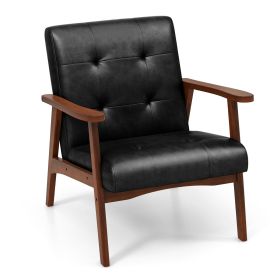Mid Century Accent Chair with Solid Rubber Wood Frame and Leather Cover (Color: Black)