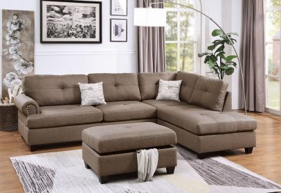 Contemporary 3-pcs Sectional Sofa Mocha Dorris Fabric Cushion Sofa Chaise Ottoman Reversible Couch Pillows (Color: as Pic)