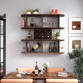 Large Wall Mounted 3 Tier Rustic Bottle Wine Rack,Multifunctional Wooden Wall Mounted Wine Rack,Storage Rack with Wine Glass Holder (Color: as Pic)