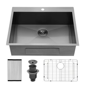 Kitchen Sink Drop-in Topmount Single Bowl Gunmetal Black Stainless Steel Sink (Color: Gunmetal Black, size: 28)