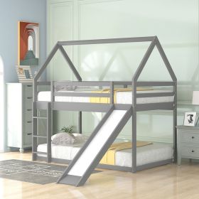 Twin over Twin Low Bunk Bed, House Bed with Ladder , White (Style: Slide, Color: Gray)