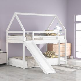 Twin over Twin Low Bunk Bed, House Bed with Ladder , White (Style: Slide, Color: White)